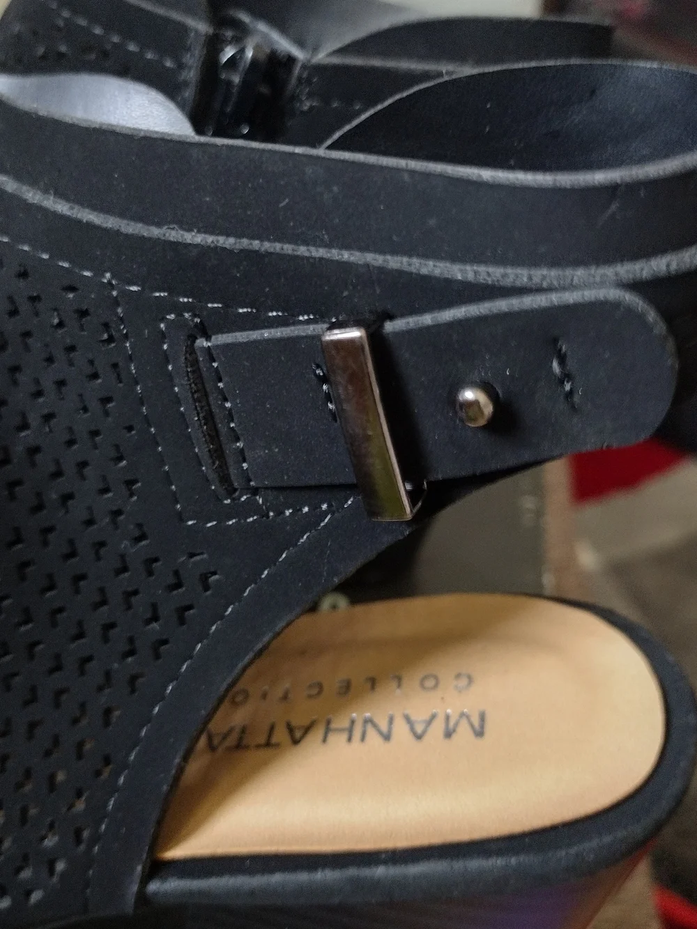 Women's Black Perforated Peep-Toe Ankle Booties Side Zip Adjustable Buckle Sz9